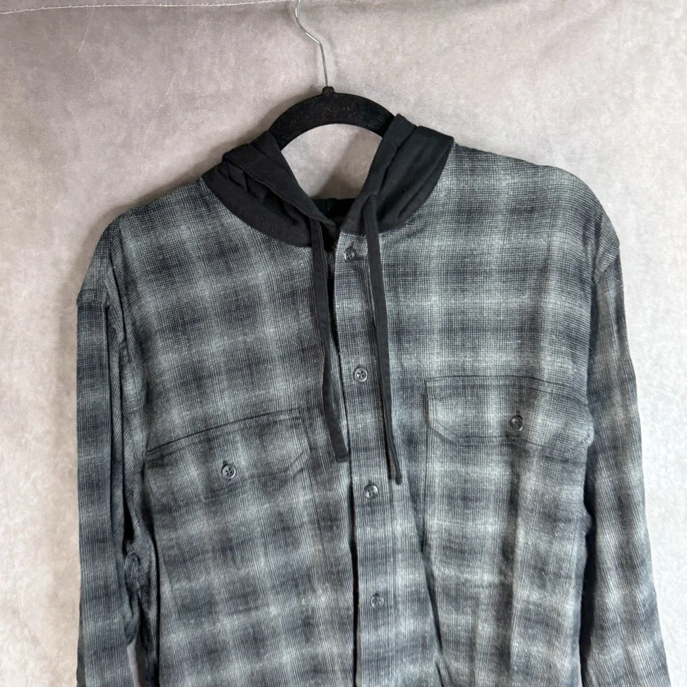 Vince Tonal Shadow Plaid Hoodie Button Down Shirt In Gray Black Men's‎ Size XL